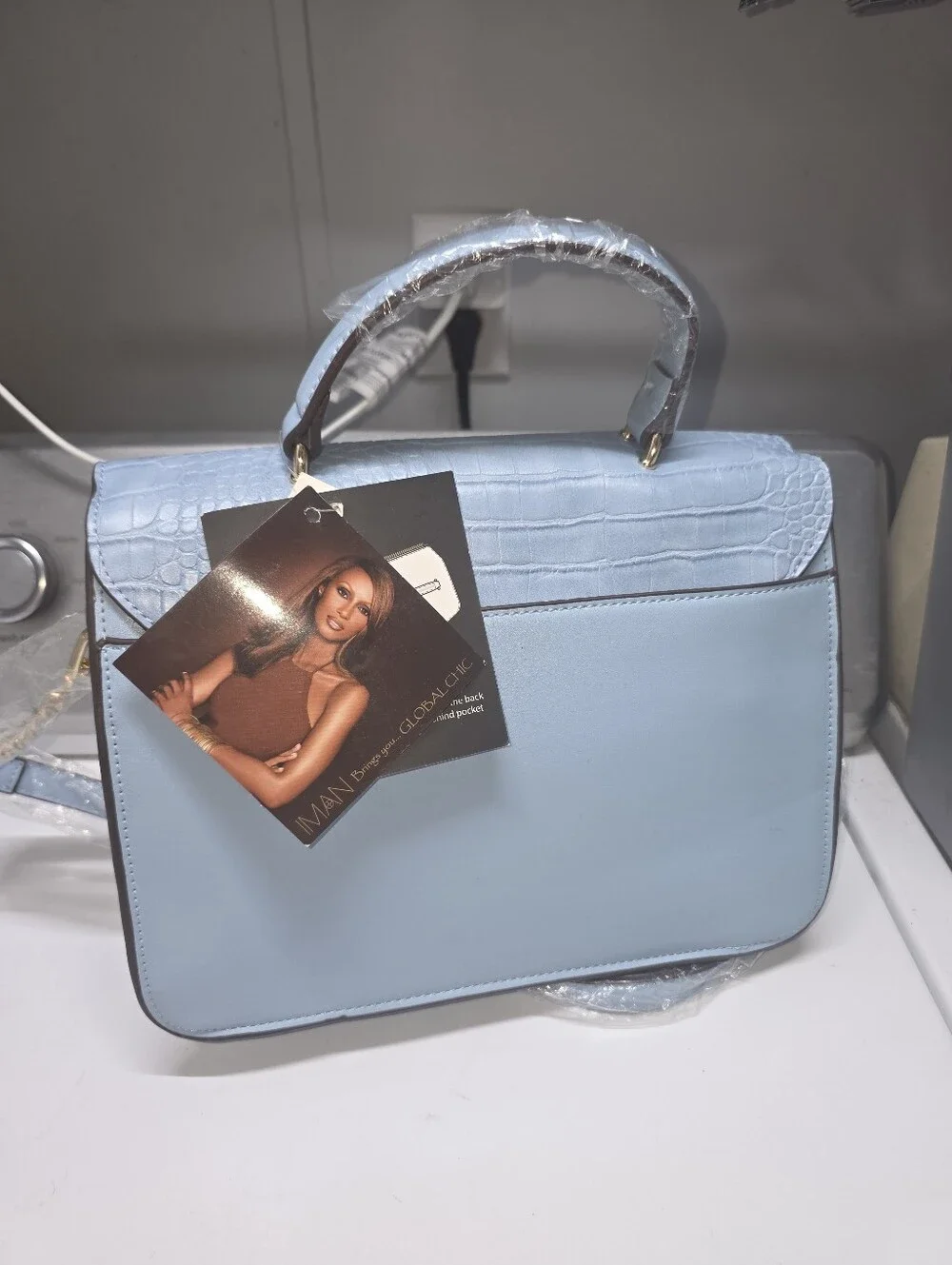 Iman Light Blue Croc-Texture Top Handle Bag